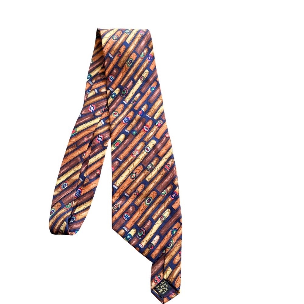 Alynn Neckwear Mens‎ Silk Tie Cigar Novelty Print Brown Navy Blue Made in USA